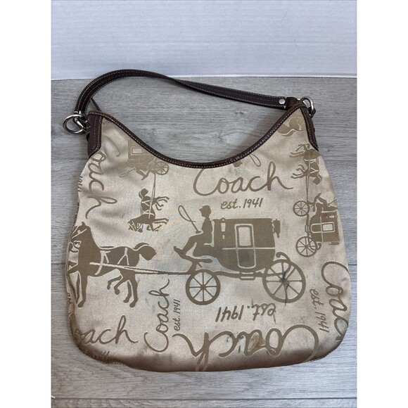 Coach Handbags - COACH HORSE AND CARRIAGE SATIN PURSE BAG TAN WITH DARKER TAN CARRIAGE READ